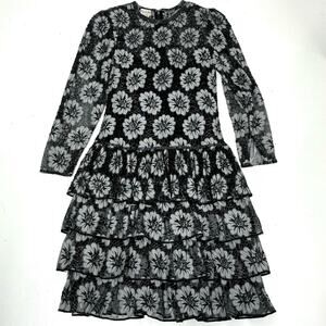 Judith Ann Creations Vintage Long Sleeve Floral Lace Tiered Beaded Dress Black S